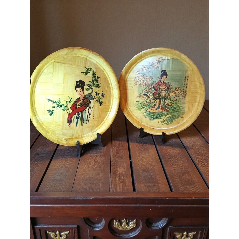 Vintage Taiwan Bamboo Tray Pair Asian Maiden Chinoiserie Decor